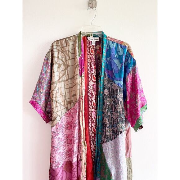 Sacred Threads Silk Kimono Robe Multicolor Patchwork Small - Picture 15 of 16